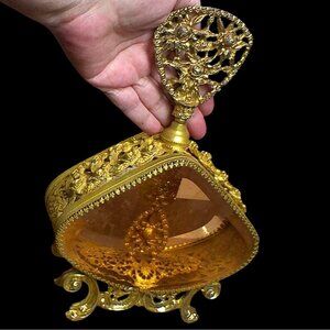 Hollywood Regency 24K Gold Plated Filigree Perfume Bottle With Amber Glass